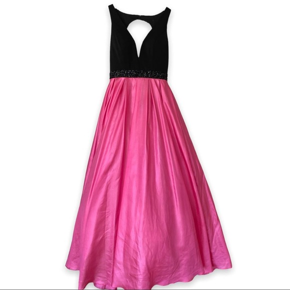 Formal Ballgown Prom Dress Pink Satin Black Beading Cut Out Size 12 Splash - Picture 7 of 11